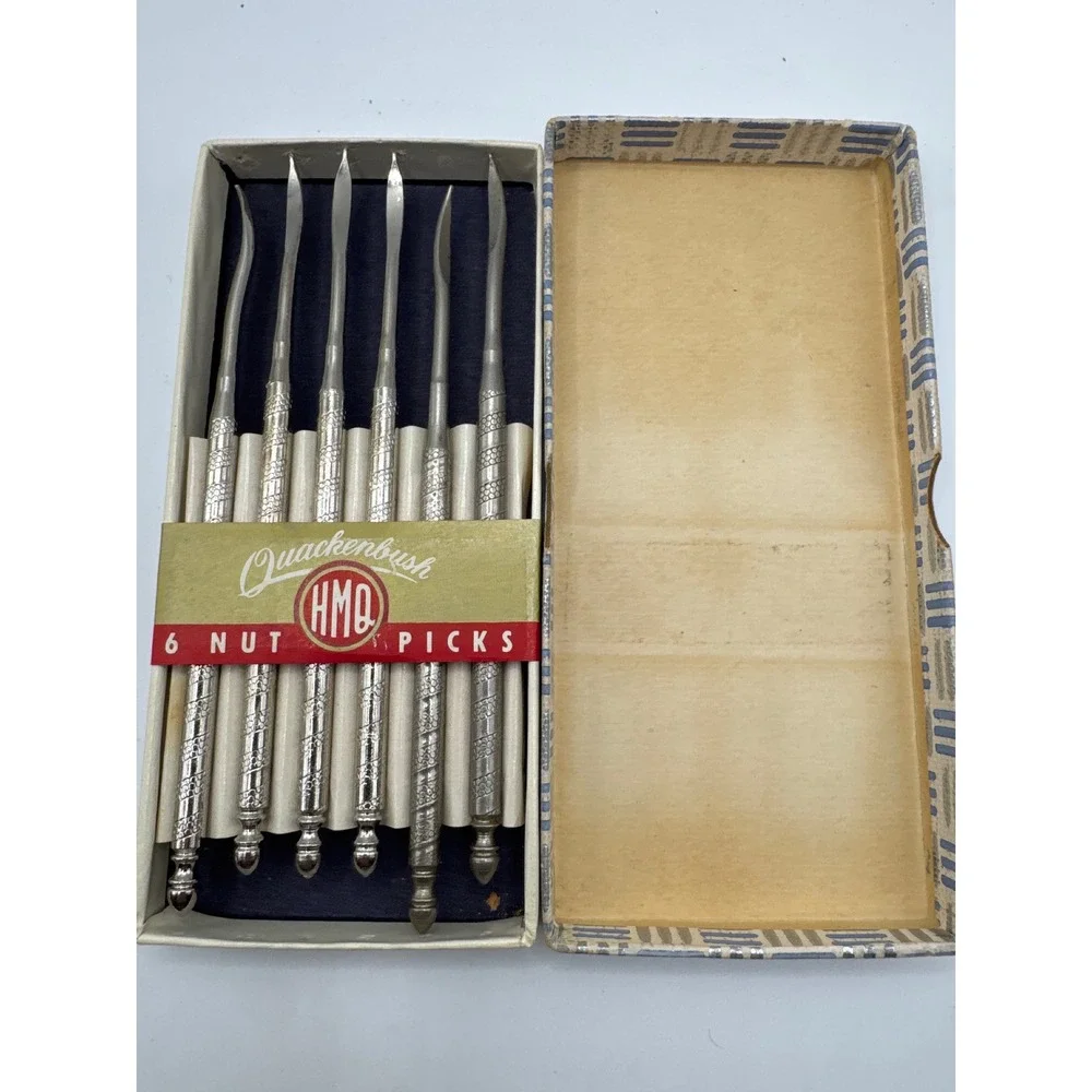 Vintage Quackenbush HMQ 6 Piece Nut Picks Set with Original Box Silver Tone